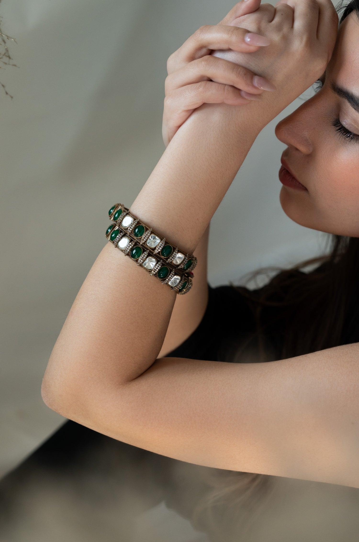 Green Polki Splendor Bangles - Dyulokha