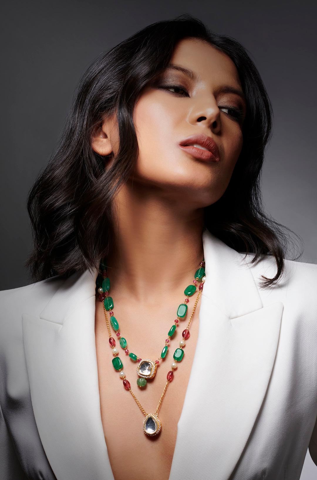 Mint Pearl Polki Pendant Cascade Necklace - Dyulokha