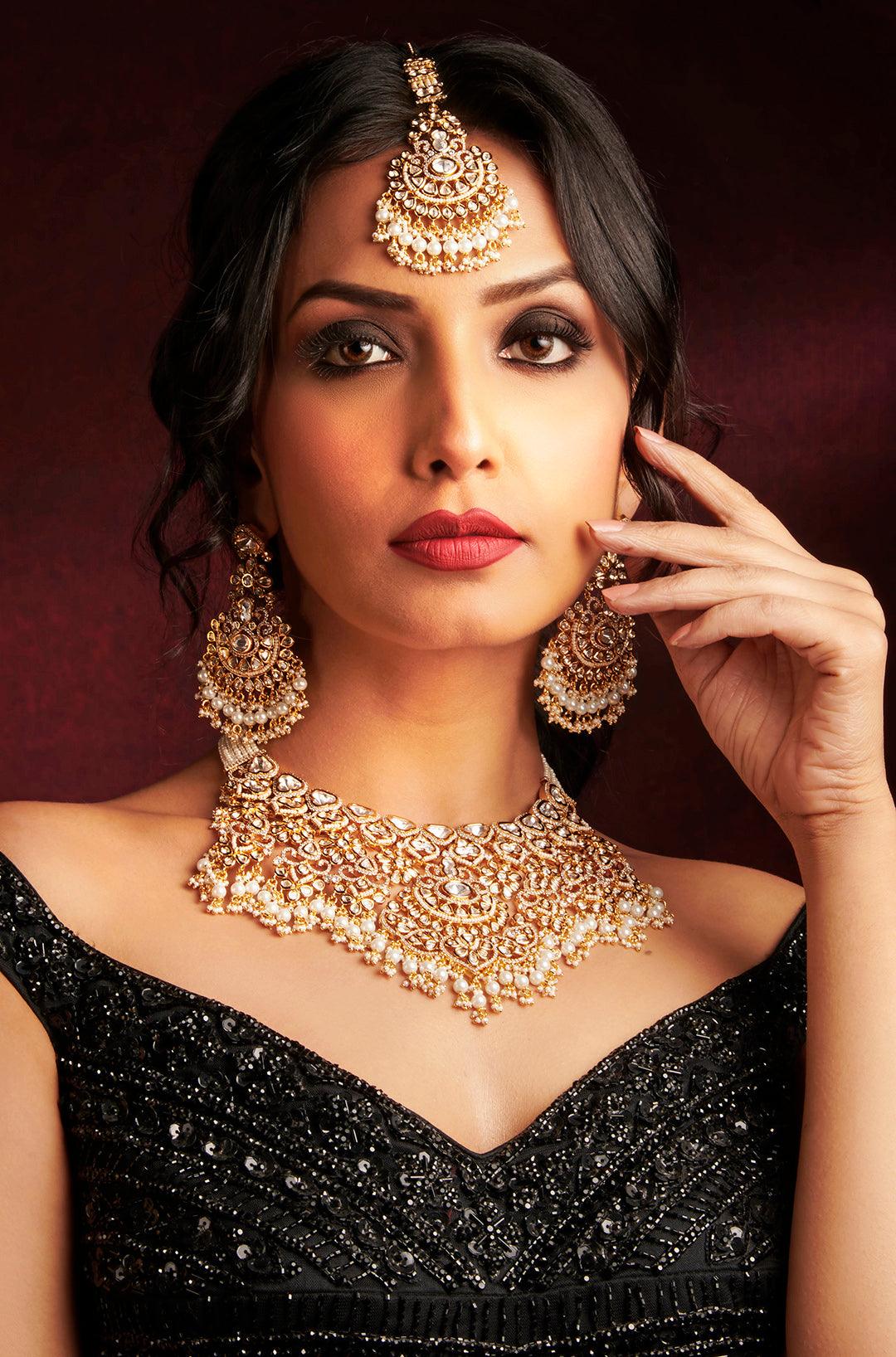 Pearl Cascade Elegance Polki Bridal Set - Dyulokha