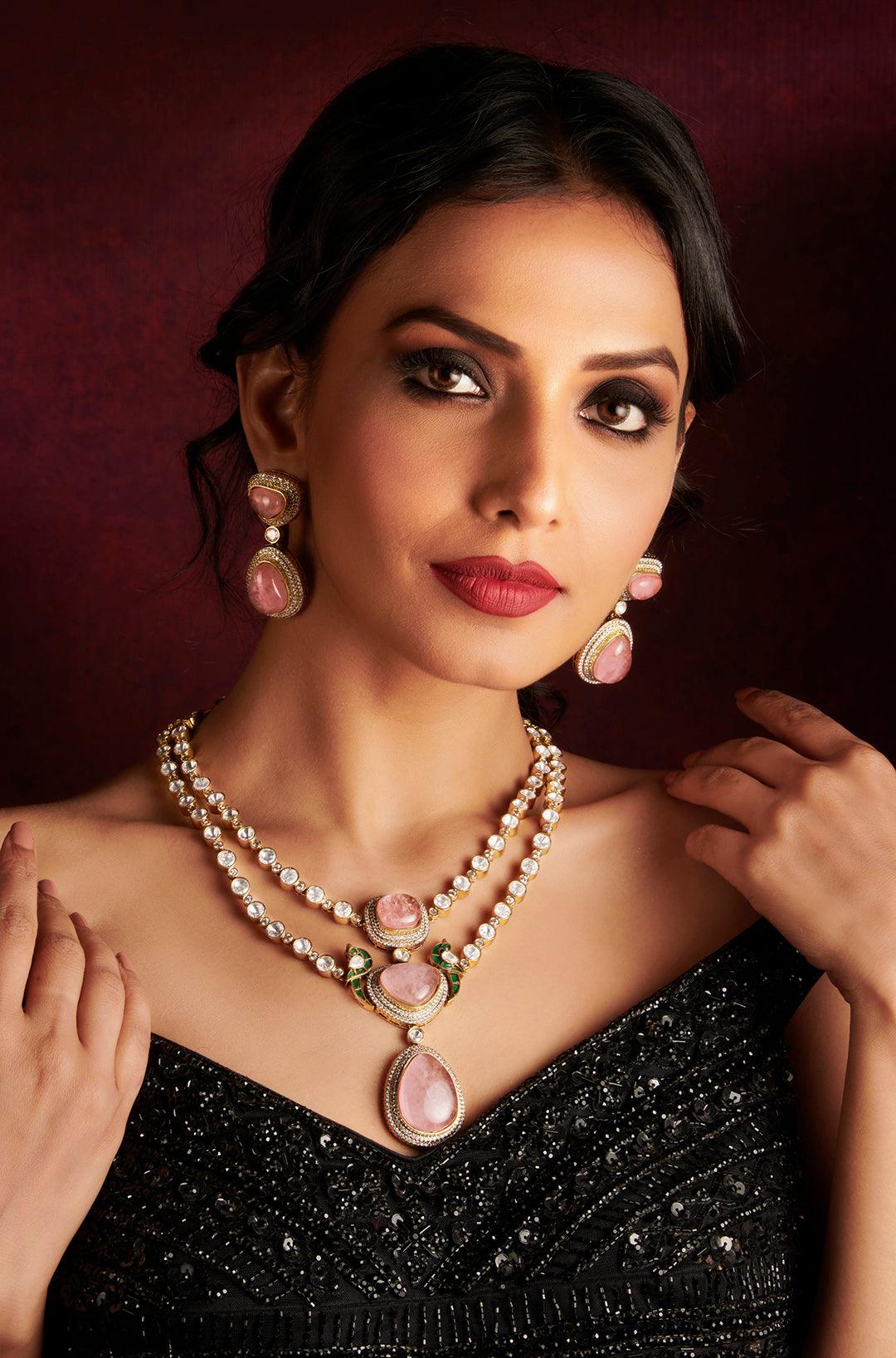 Polki Pink Stone Double Layered Necklace Set - Dyulokha