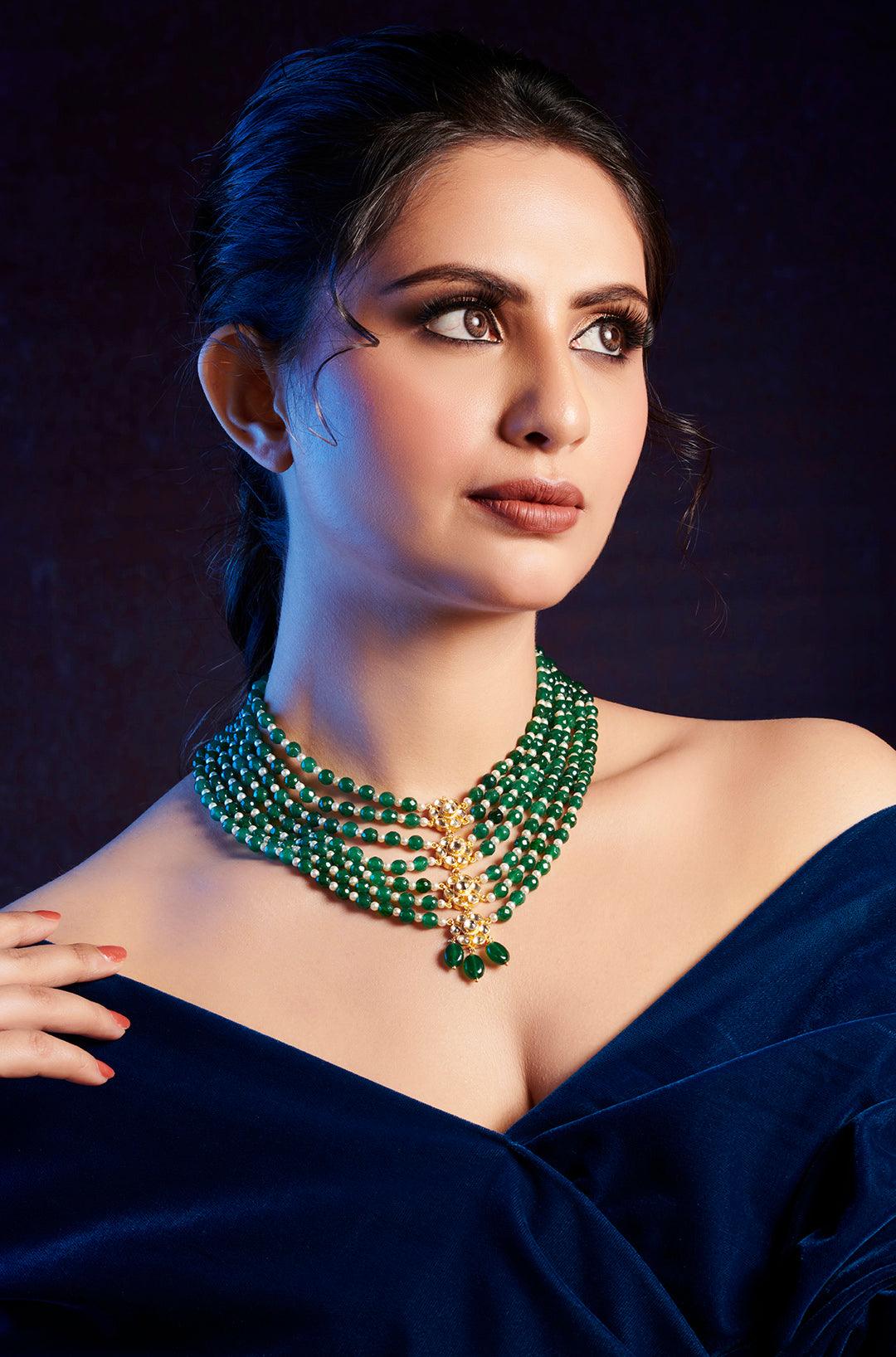 Green Kundan Cascade Necklace - Dyulokha