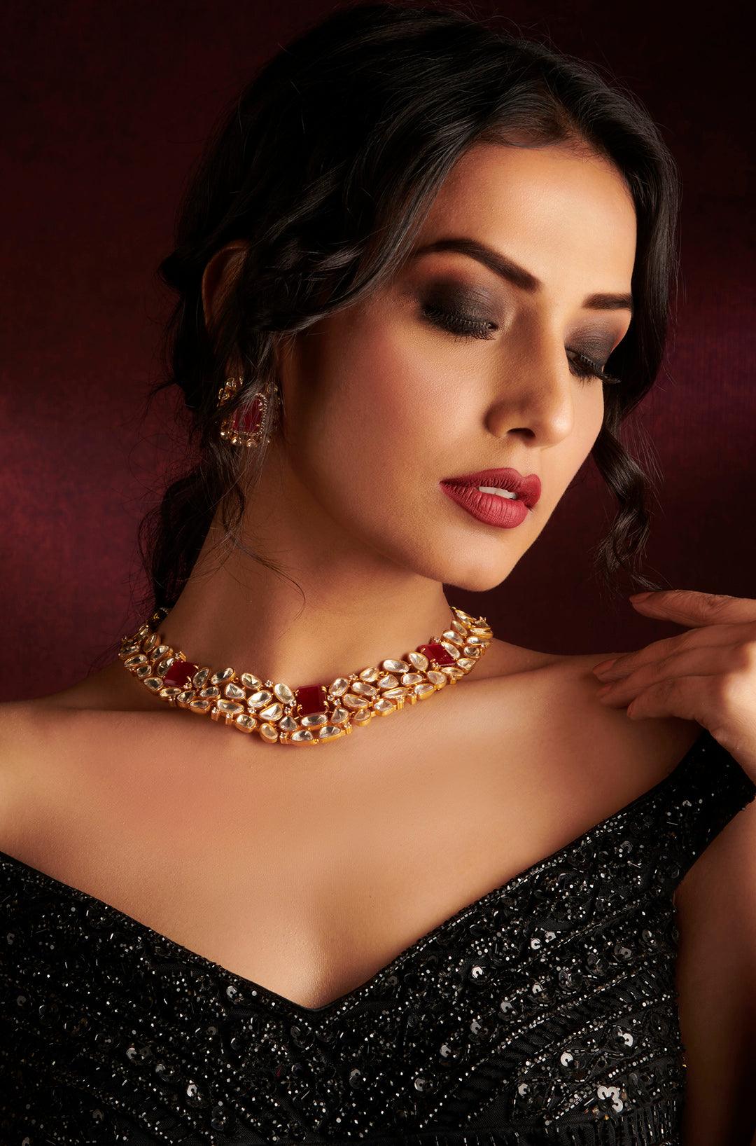 Radiant Ruby Kundan Necklace Set - Dyulokha