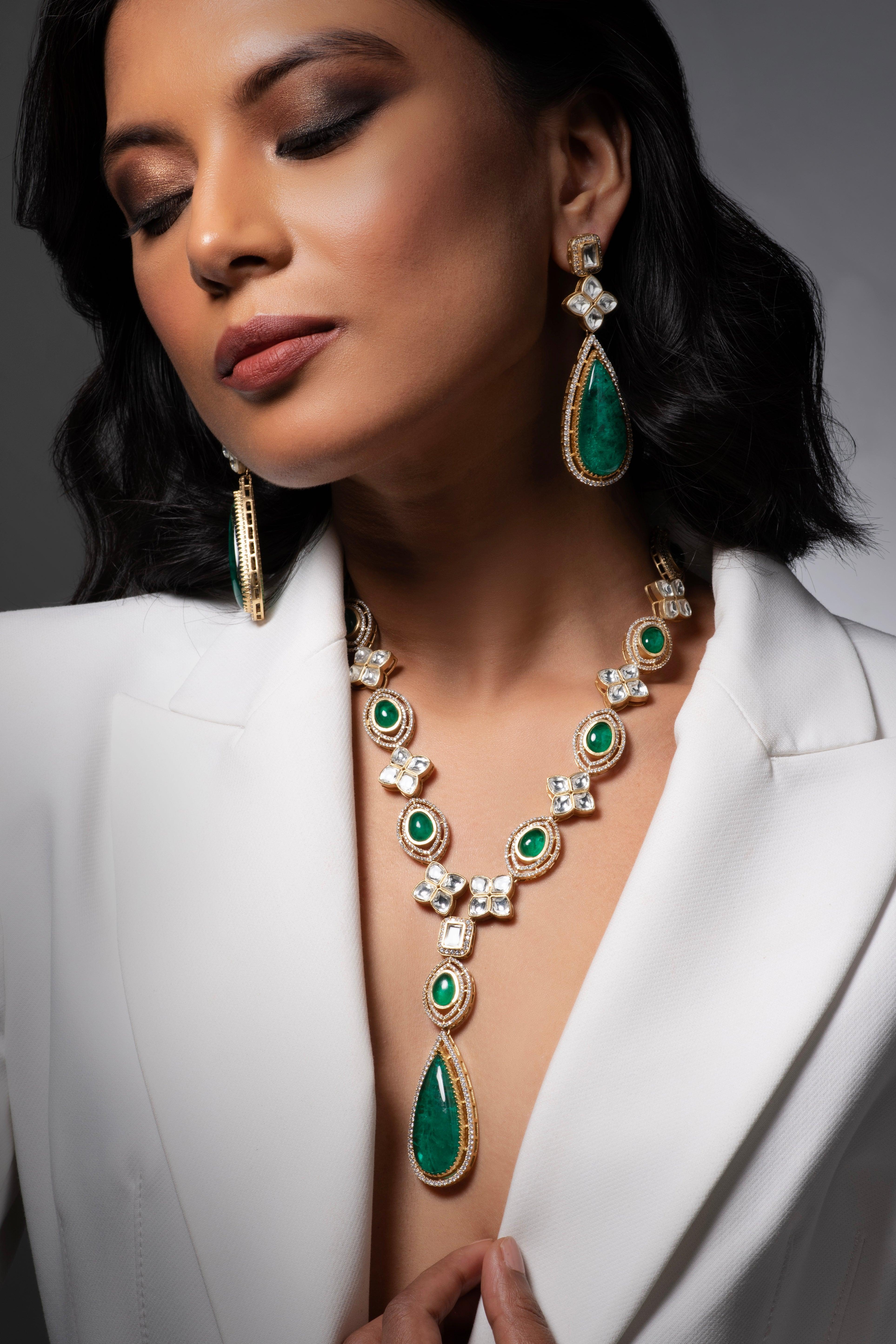 Victorian Mint CZ Polki Necklace Set - Dyulokha