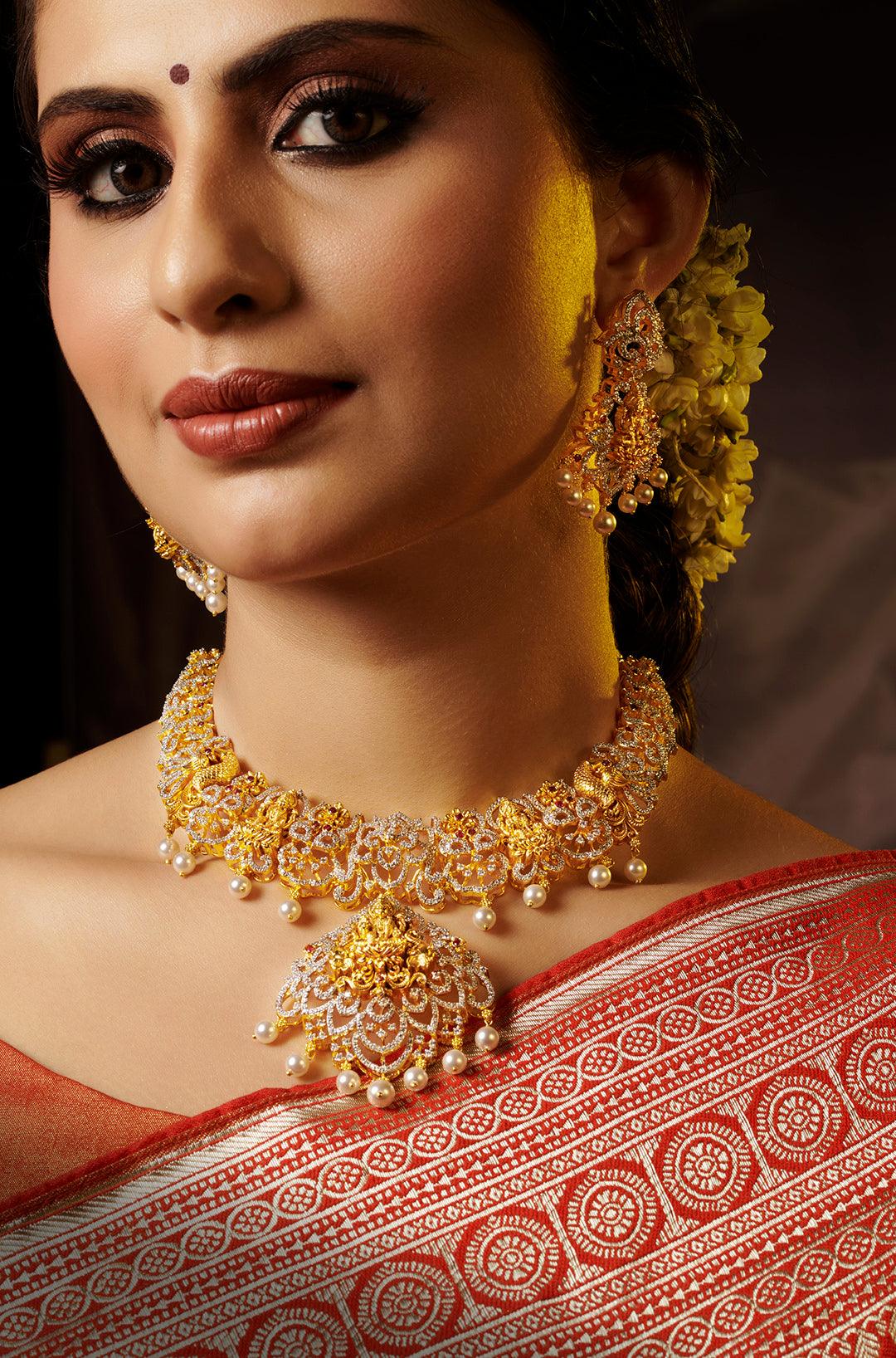Golden Serenity CZ Temple Necklace Set - Dyulokha
