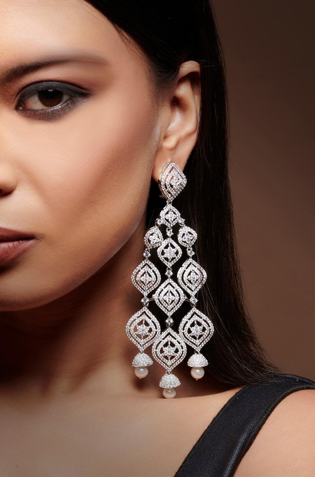 Pearl Dropped Long Diamond Earrings - Dyulokha