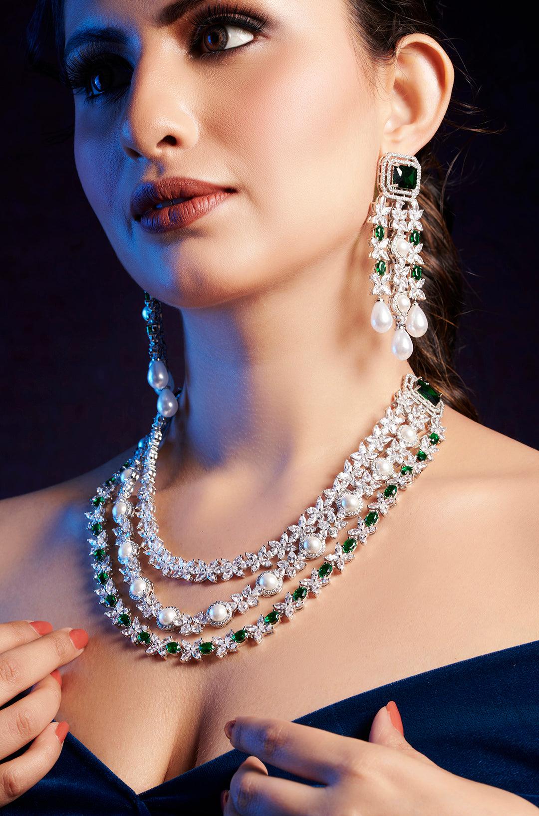 Emerald Elegance Layered Diamond Necklace Set - Dyulokha