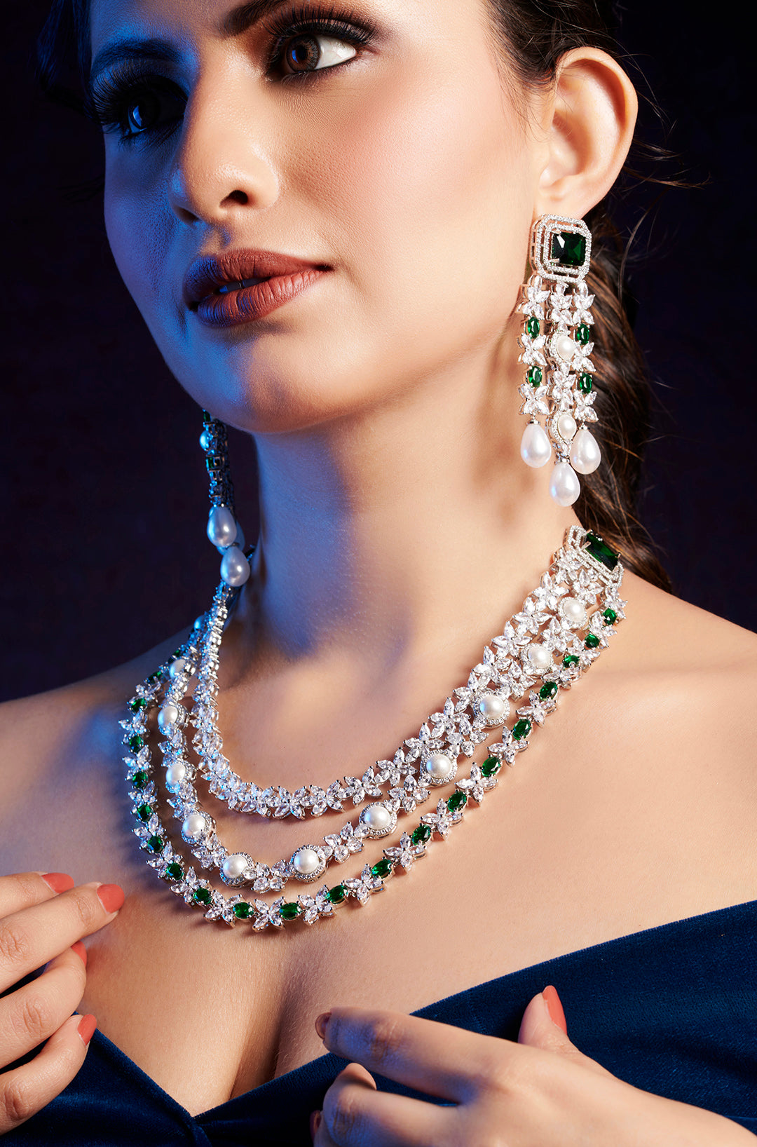 Emerald Elegance Layered Diamond Necklace Set
