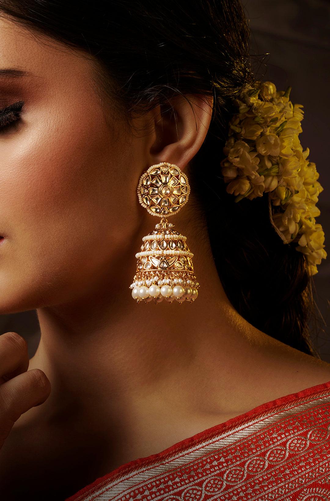 Gilded Elegance Kundan Pearl Jhumkas - Dyulokha