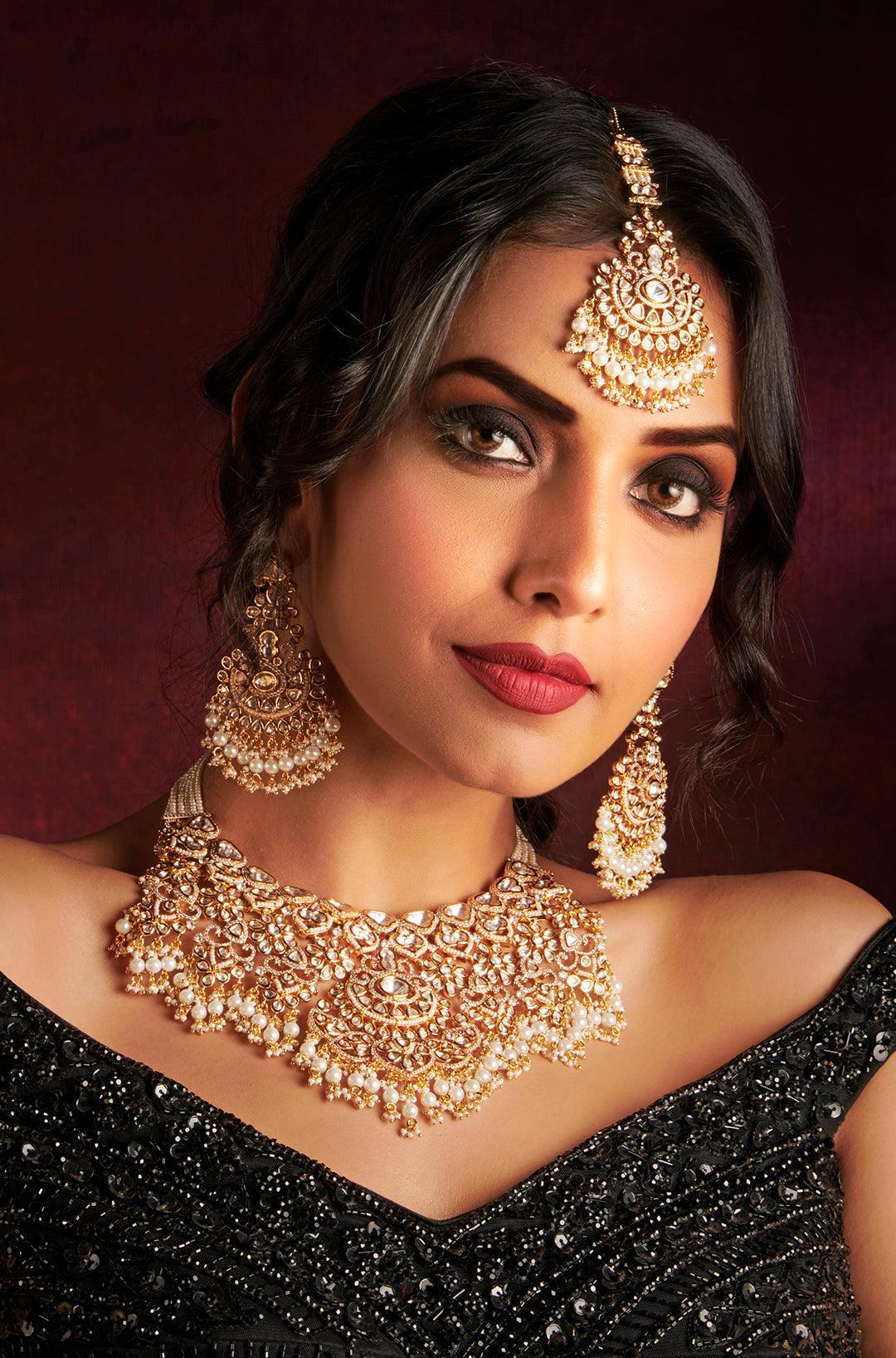 Pearl Cascade Elegance Polki Bridal Set - Dyulokha