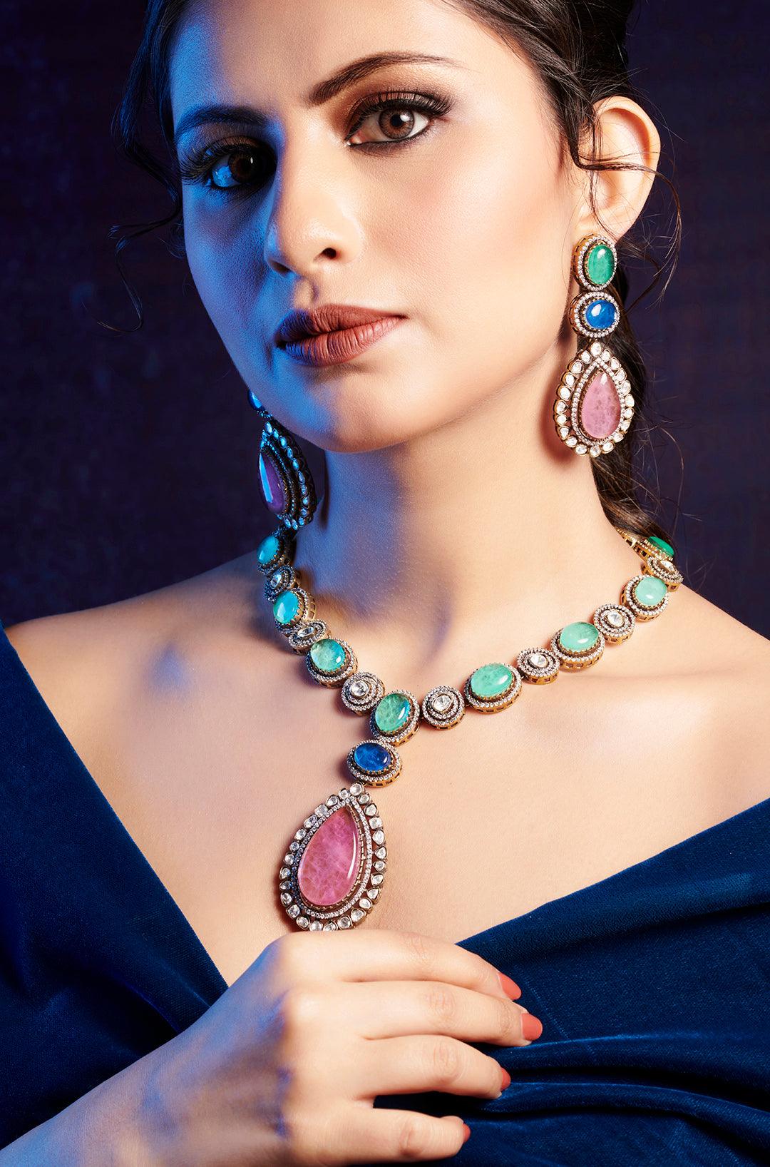 Victorian Mint & Pink Polki Ensemble Set - Dyulokha