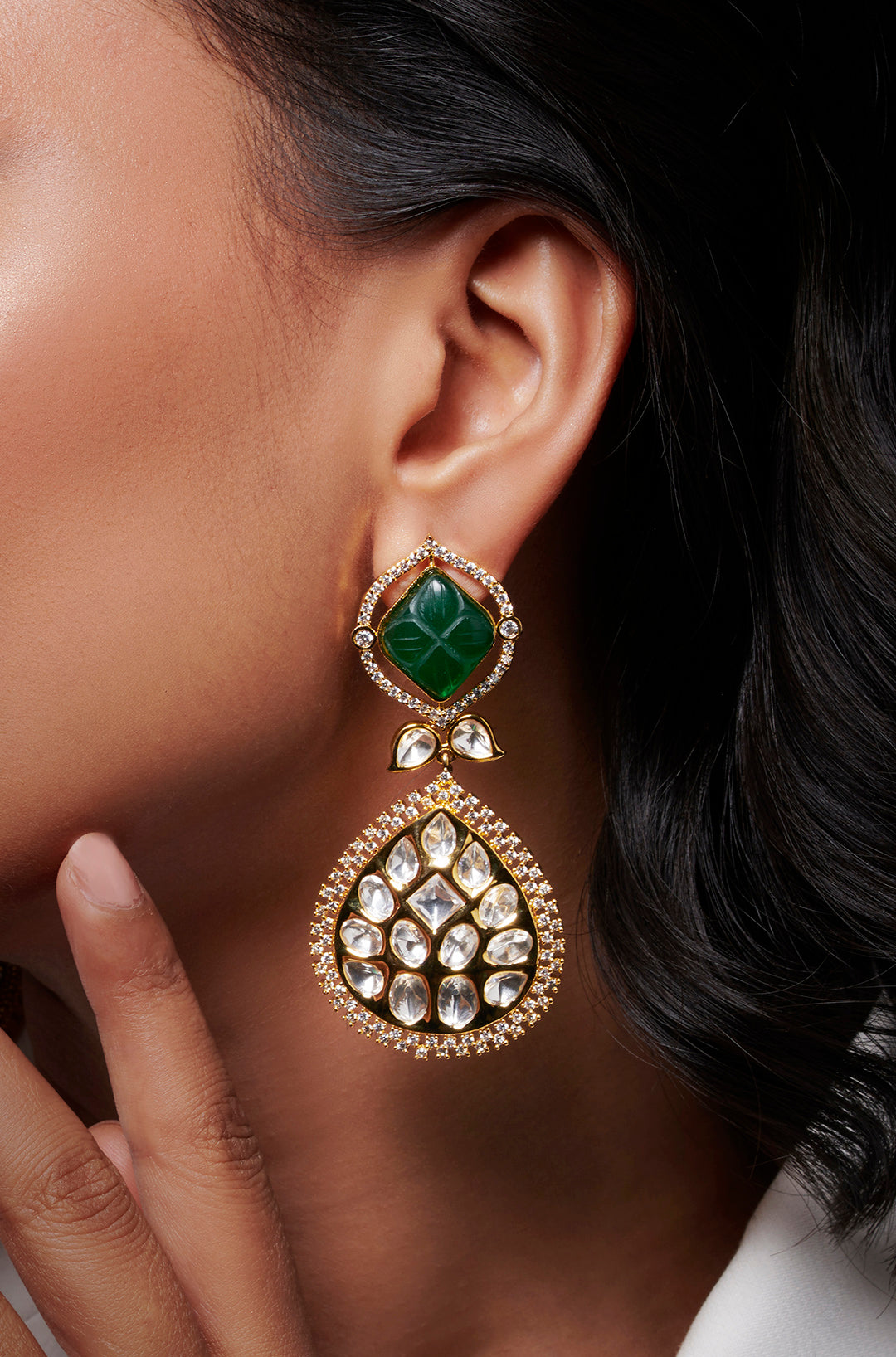 Carved Emerald Kundan Earrings