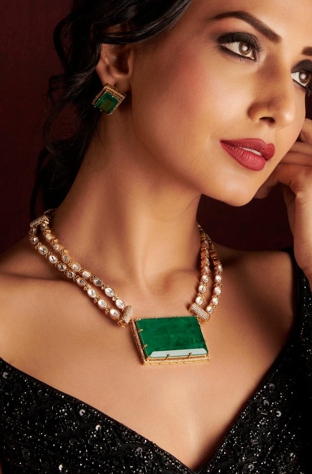Enchanted Emerald Polki Necklace Set - Dyulokha