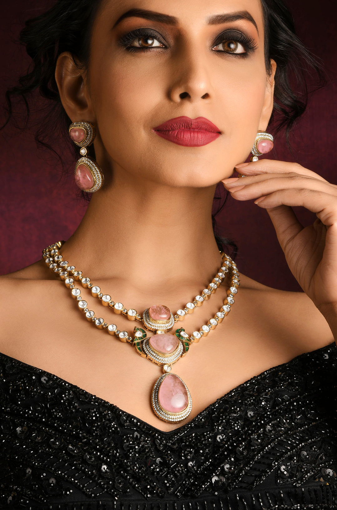 Polki Pink Stone Double Layered Necklace Set