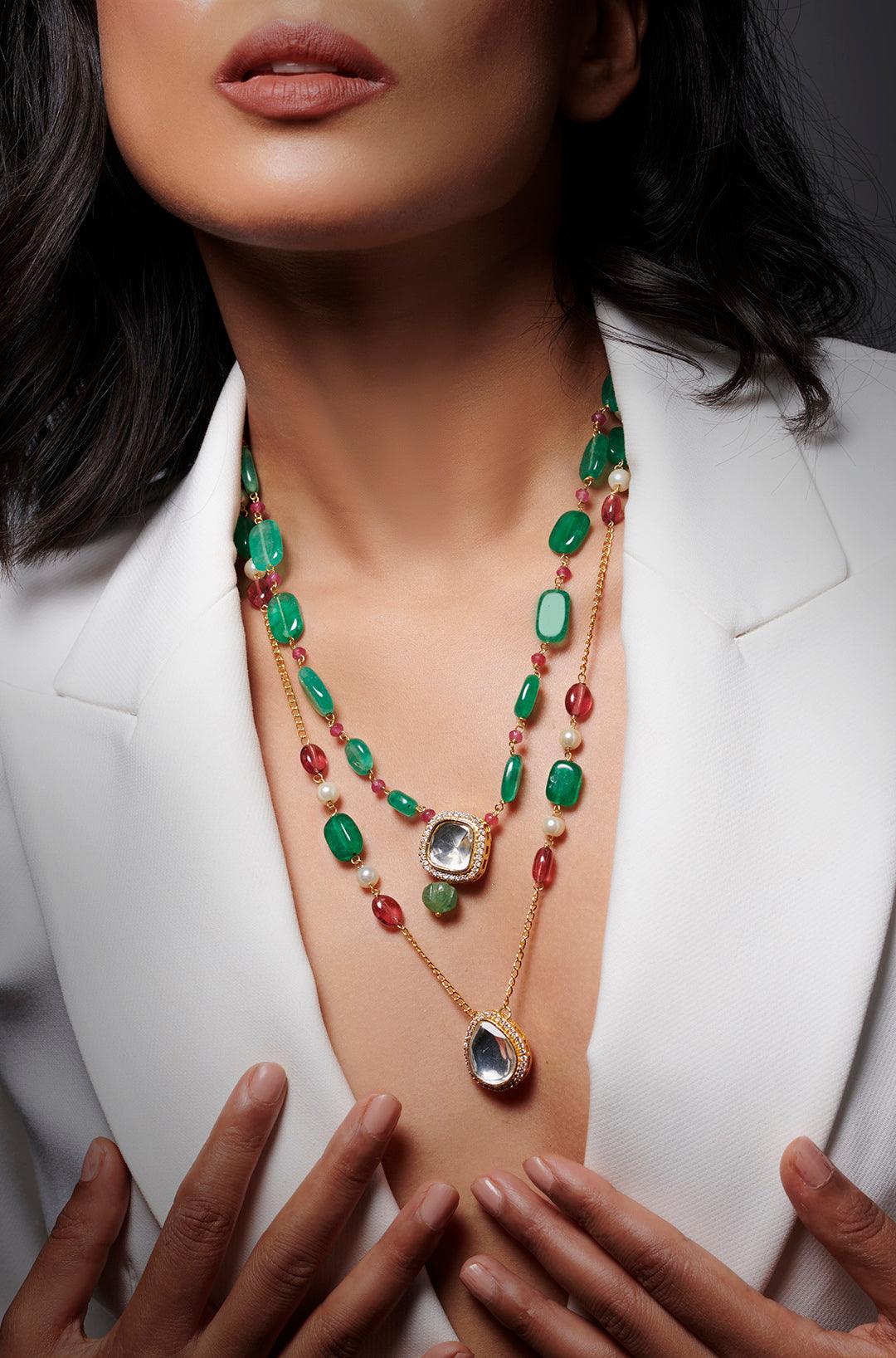 Mint Pearl Polki Pendant Cascade Necklace - Dyulokha