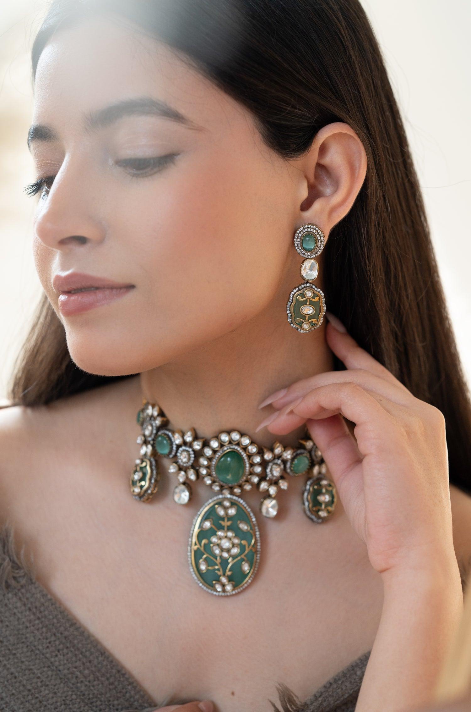 Fluorite Fantasy Polki Necklace Set - Dyulokha