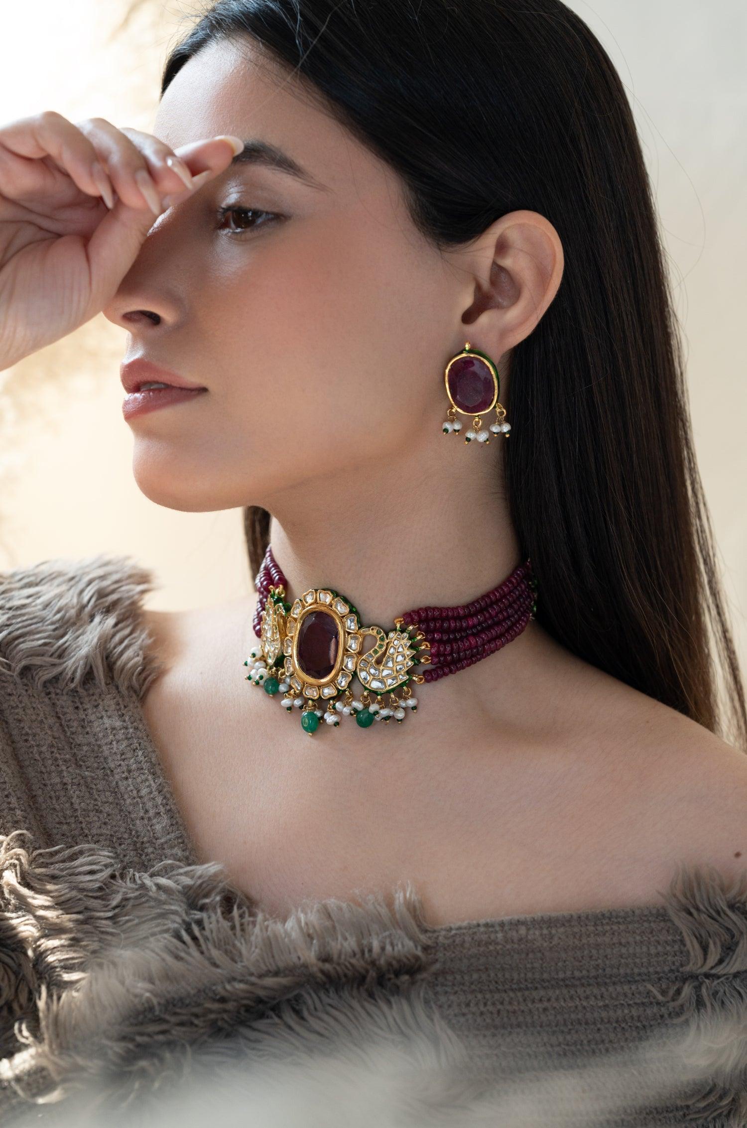 Crimson Kundan Choker Set - Dyulokha