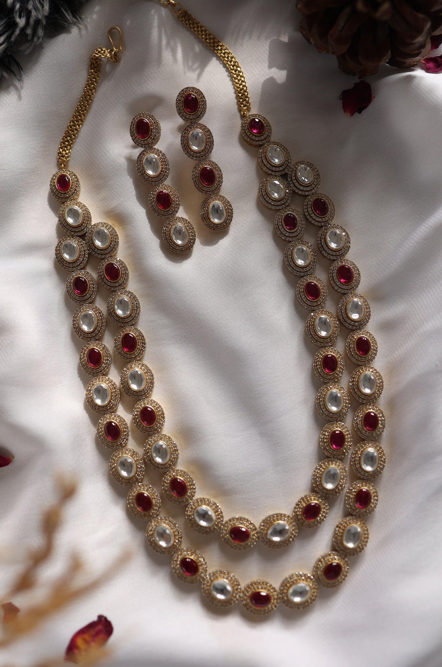 Crimson Polki Cascade Necklace Set - Dyulokha