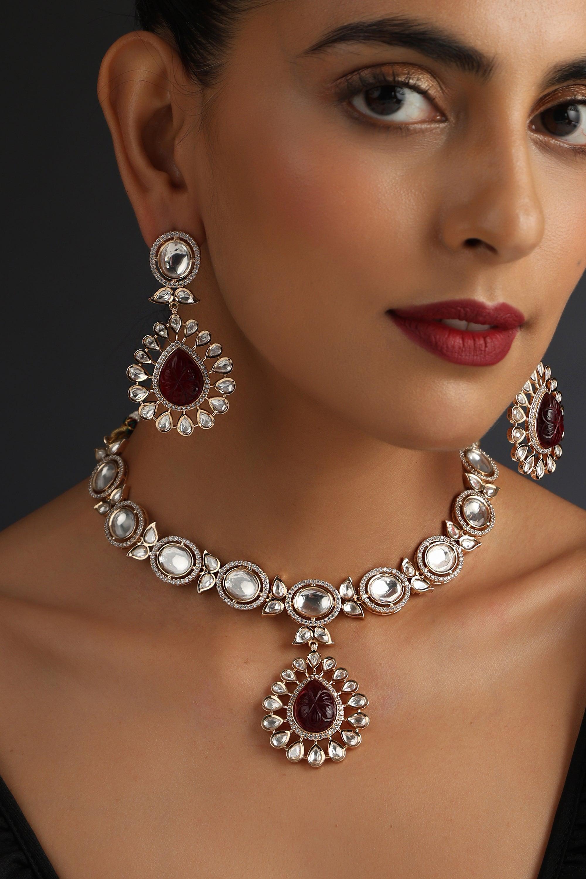 Crimson Blaze Polki Necklace Set - Dyulokha
