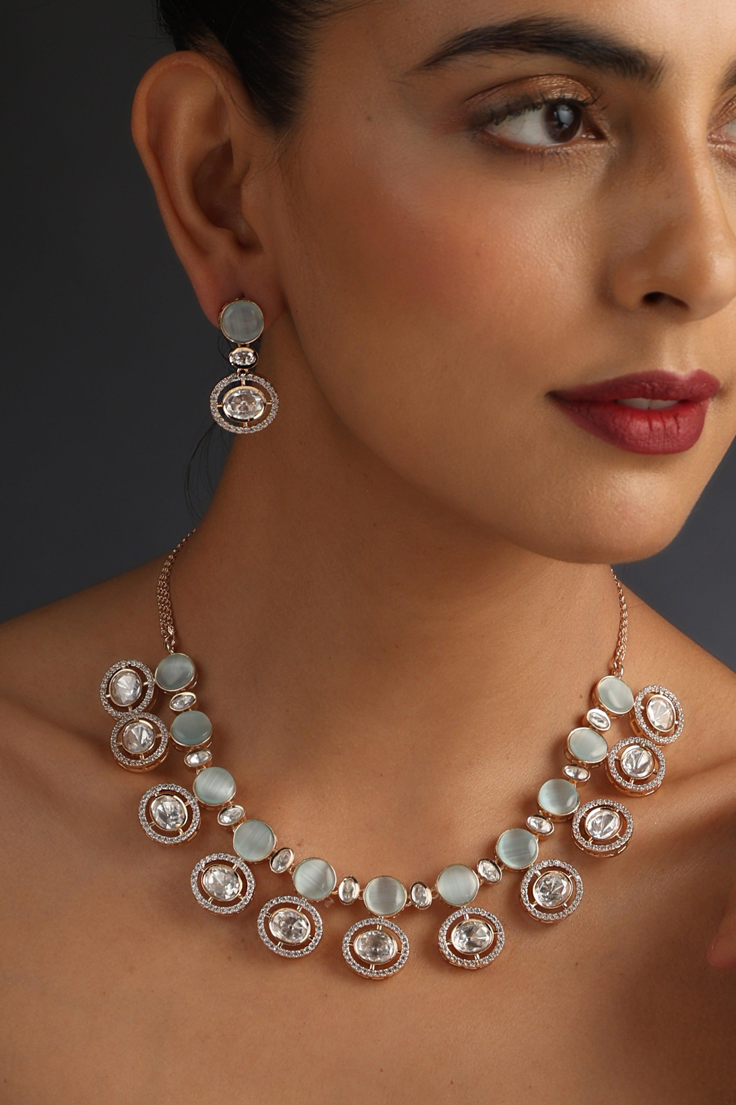 Blue Rose Gold Polki Necklace Set - Dyulokha