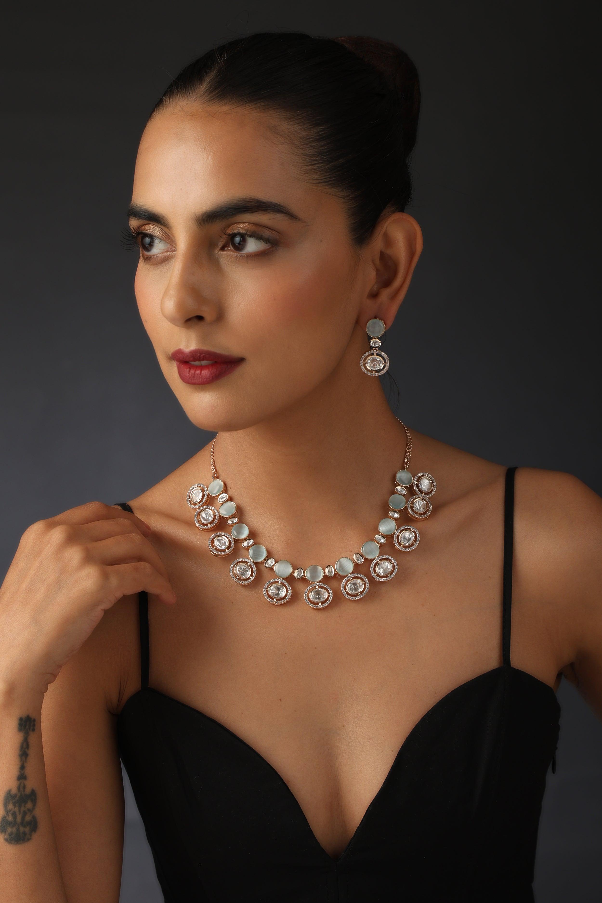 Blue Rose Gold Polki Necklace Set - Dyulokha