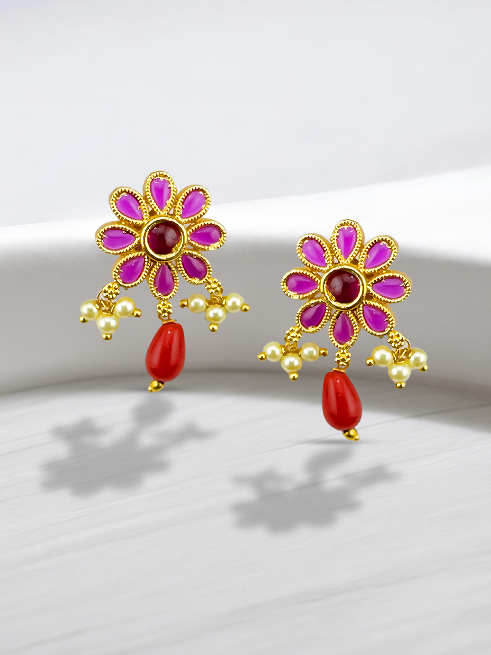 Studs with Pink Stones and Droplet Accents