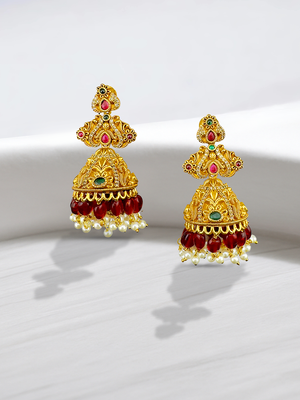 Jhumkas with CZ Accents and Red Stone Drops