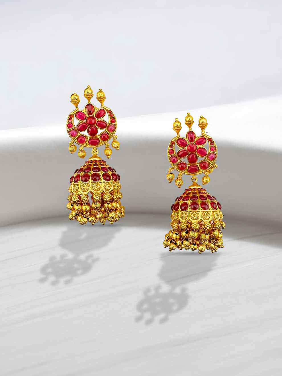 Ruby Jhumkas with Gold-Colored Beads