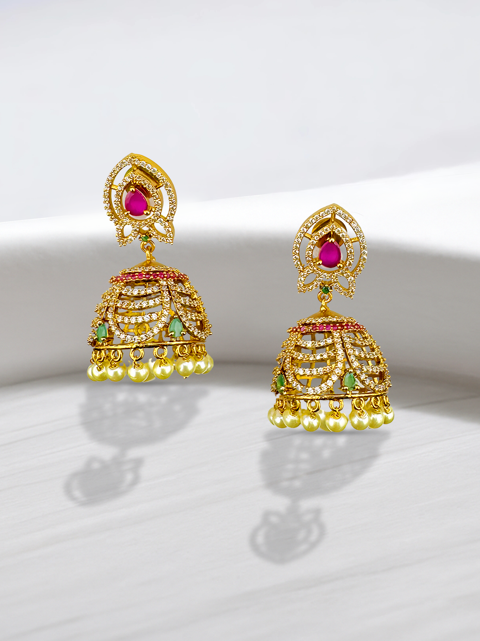 White CZ Jhumkas with Pink & Green Stones