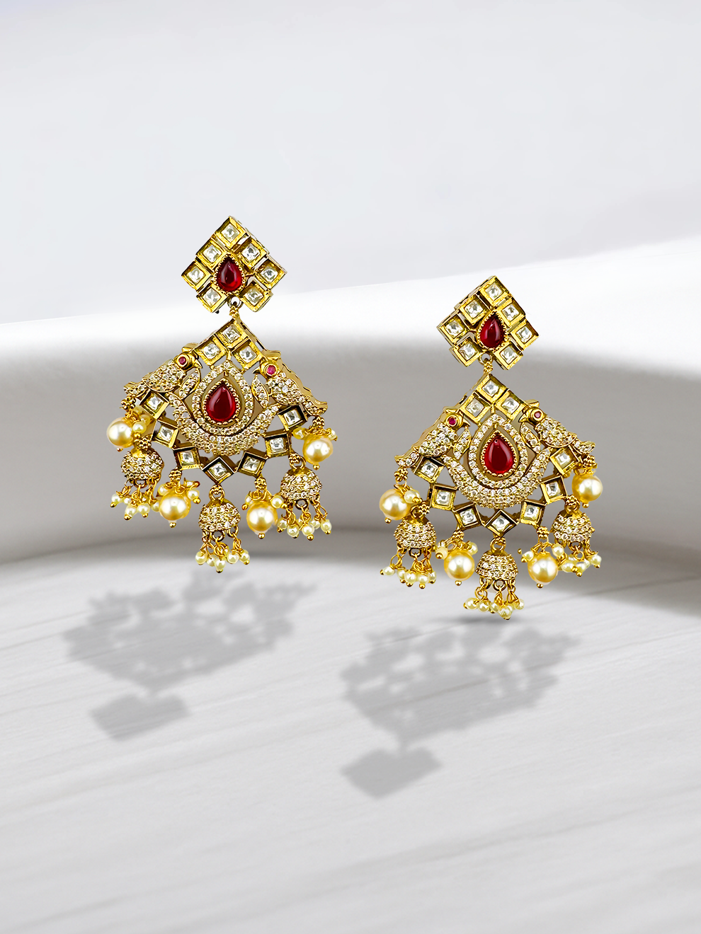 Danglers with Red Stone and Pearl Drops