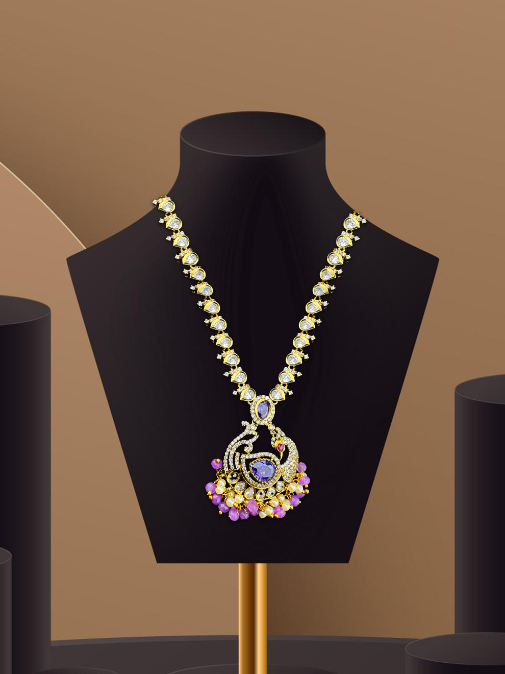 White Polki Necklace Set with Peacock Pendant