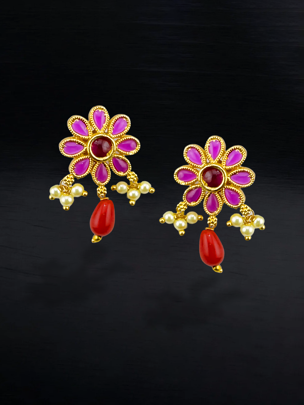 Studs with Pink Stones and Droplet Accents