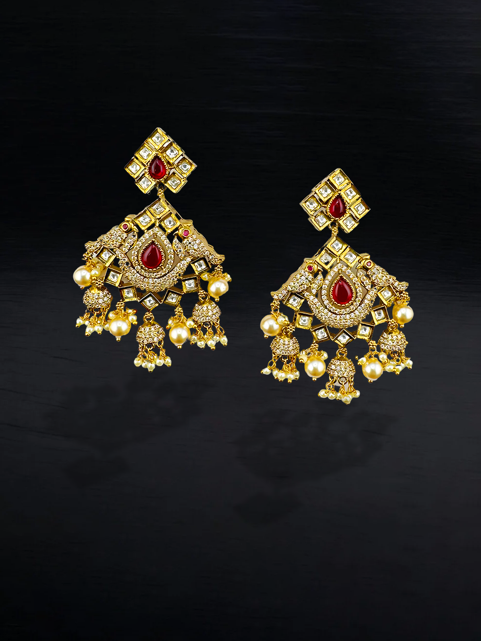 Danglers with Red Stone and Pearl Drops