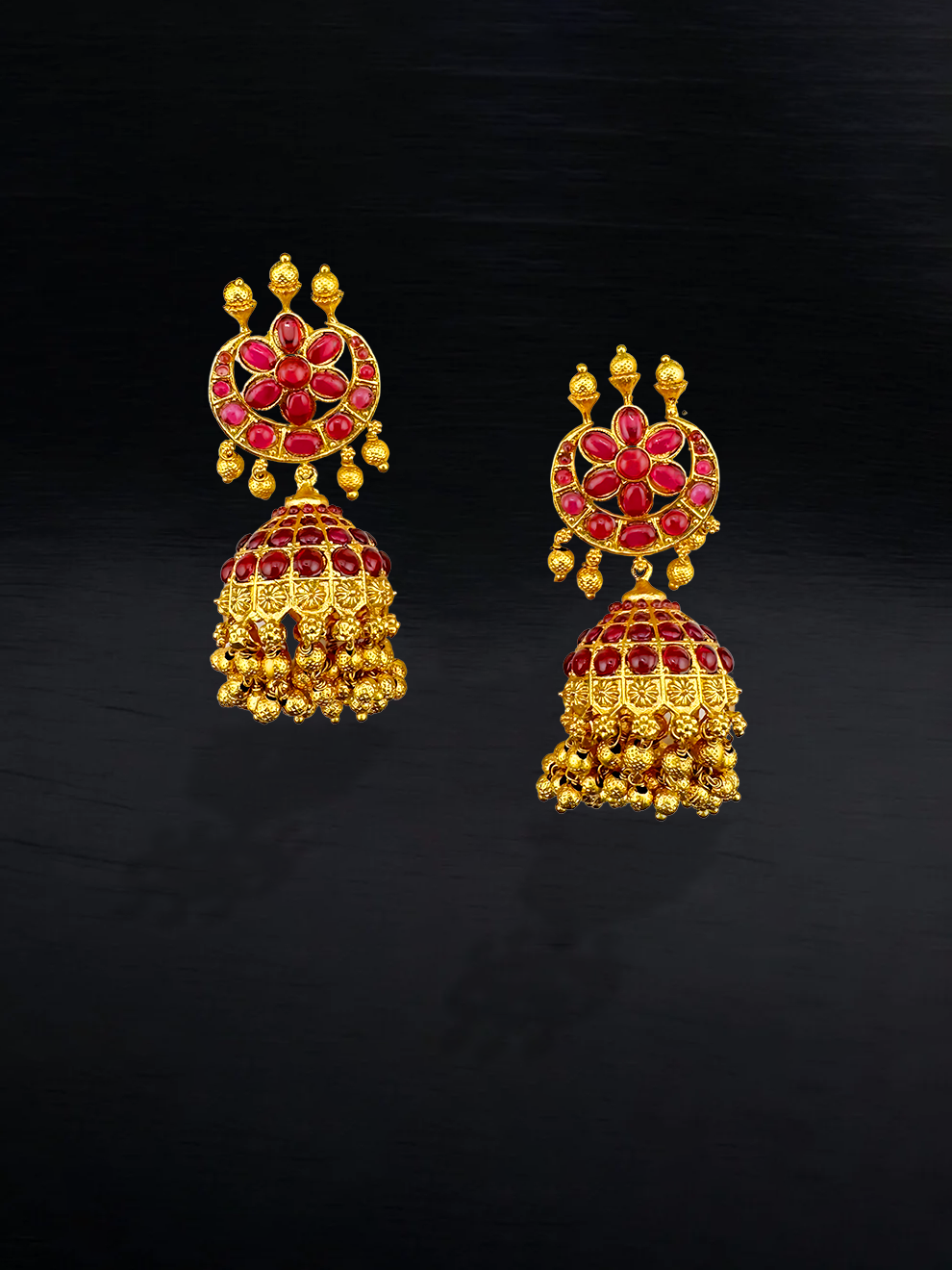 Ruby Jhumkas with Gold-Colored Beads