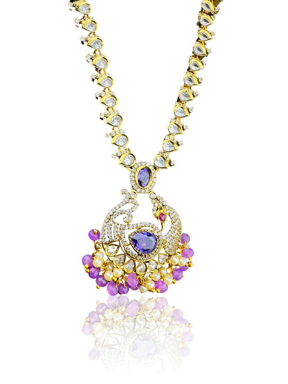 White Polki Necklace Set with Peacock Pendant