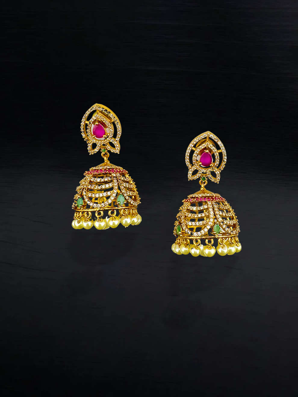 White CZ Jhumkas with Pink & Green Stones