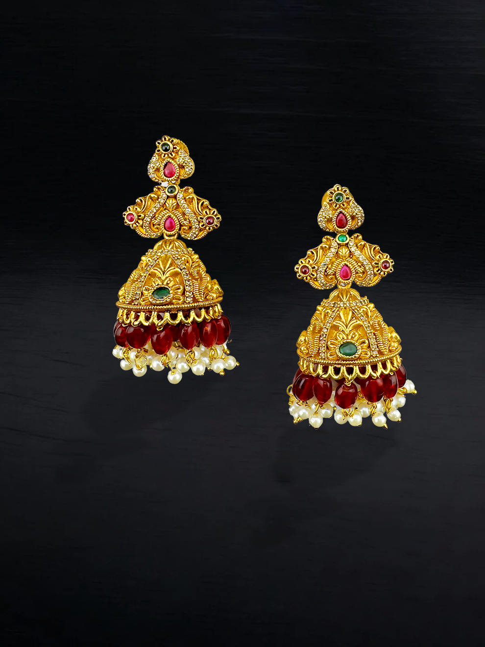 Jhumkas with CZ Accents and Red Stone Drops