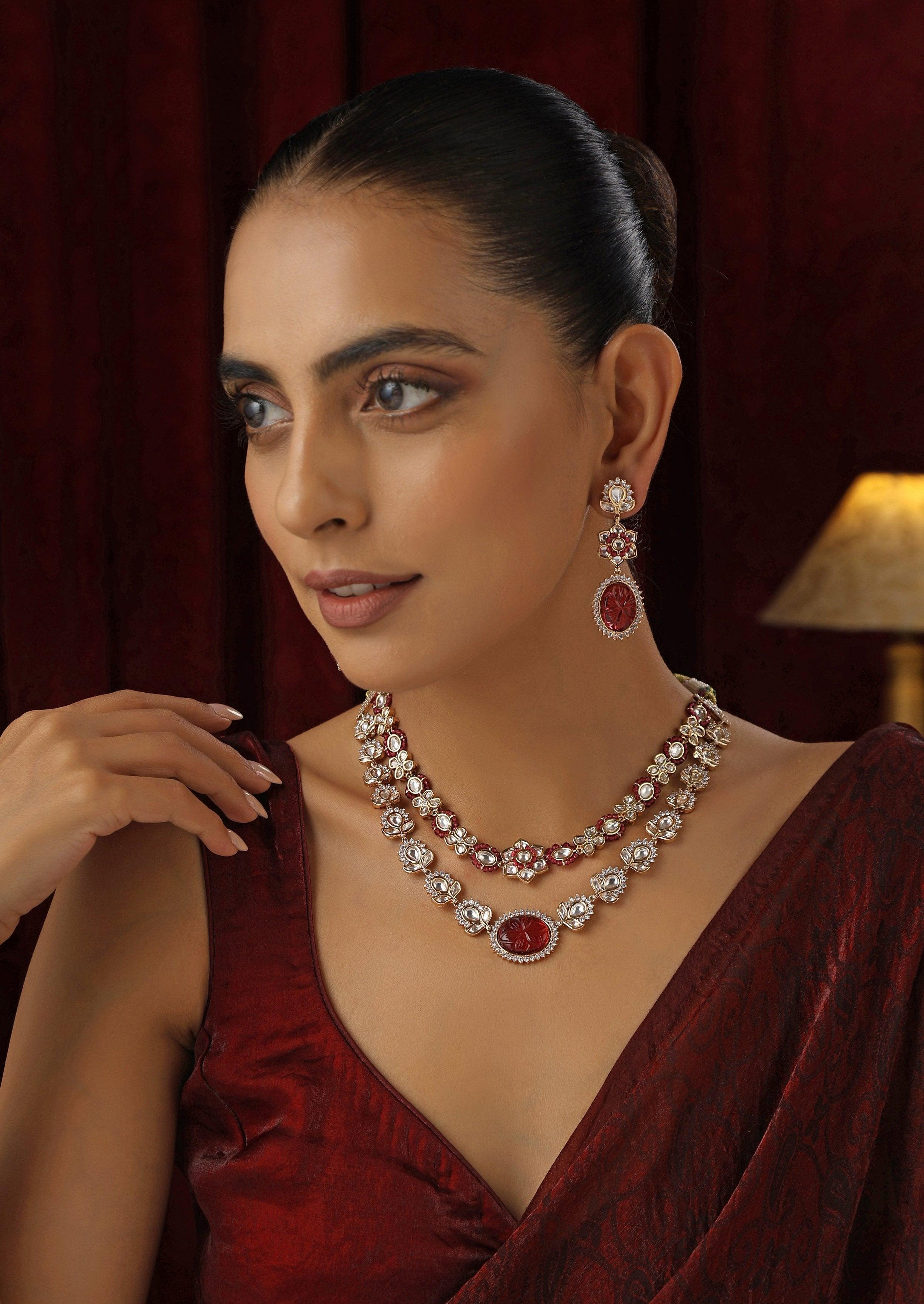 Crimson layers Red Polki Necklace set - Dyulokha