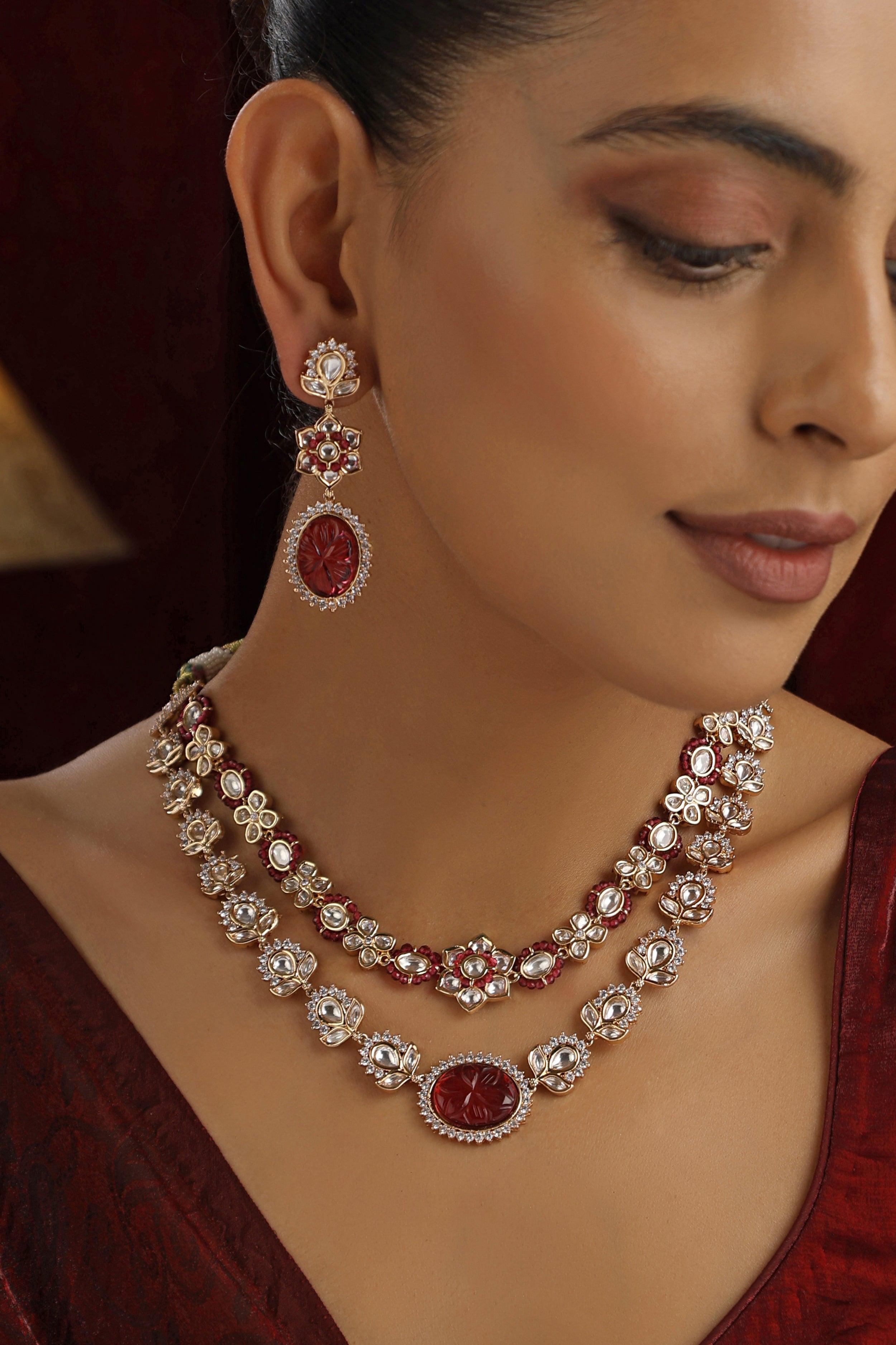 Crimson layers Red Polki Necklace set - Dyulokha