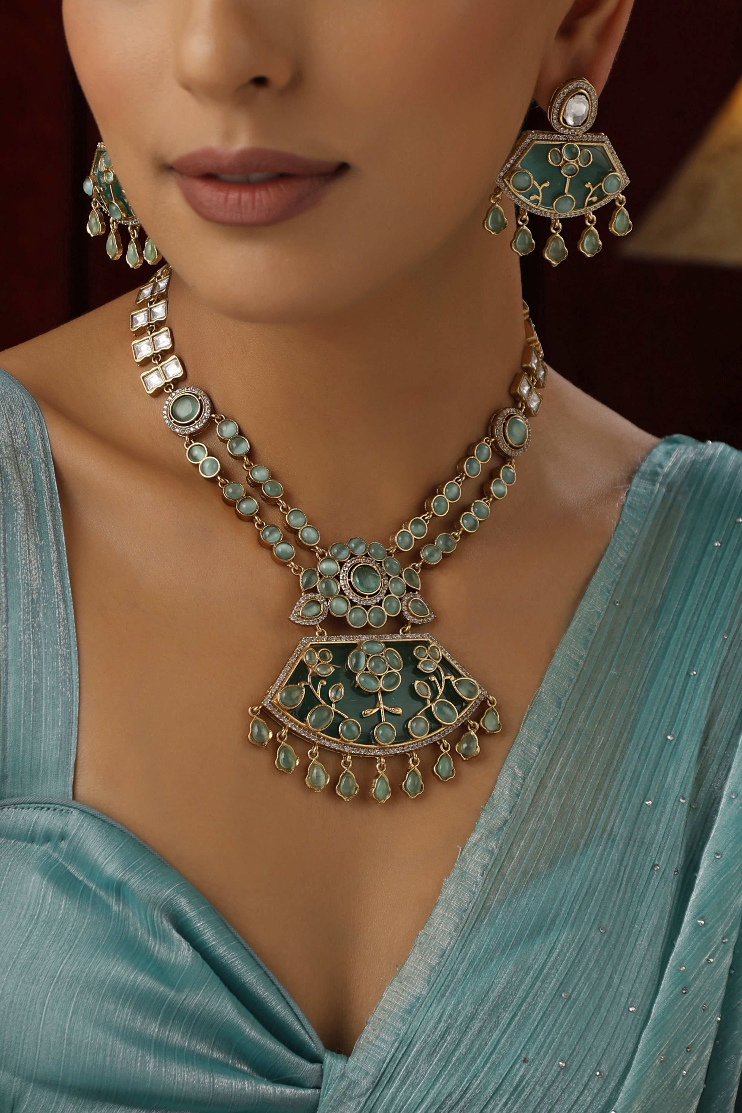 Ethereal Mint Polki Pendant Necklace set