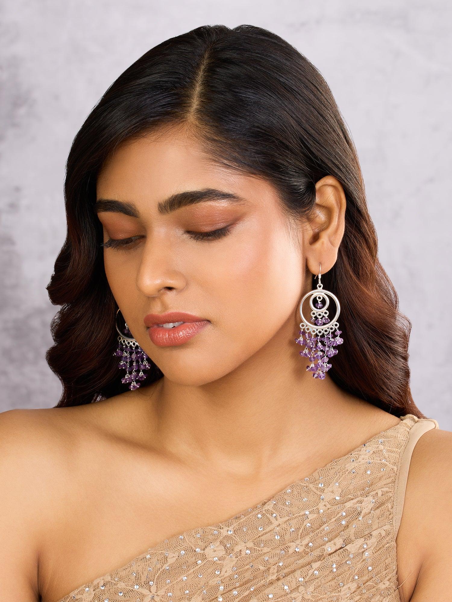 Glistening Purple Double Halo Amethyst Danglers - Dyulokha