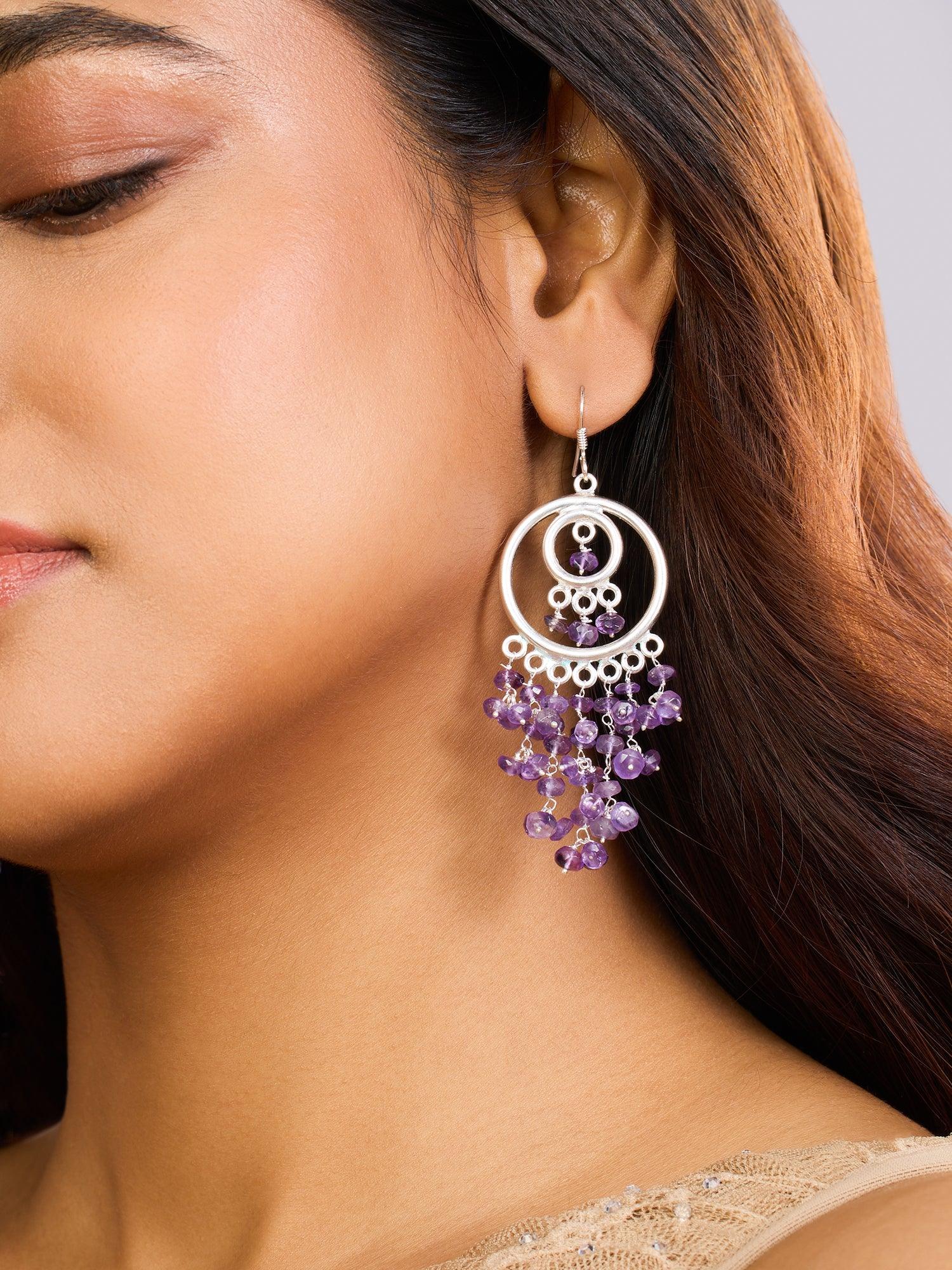 Glistening Purple Double Halo Amethyst Danglers - Dyulokha