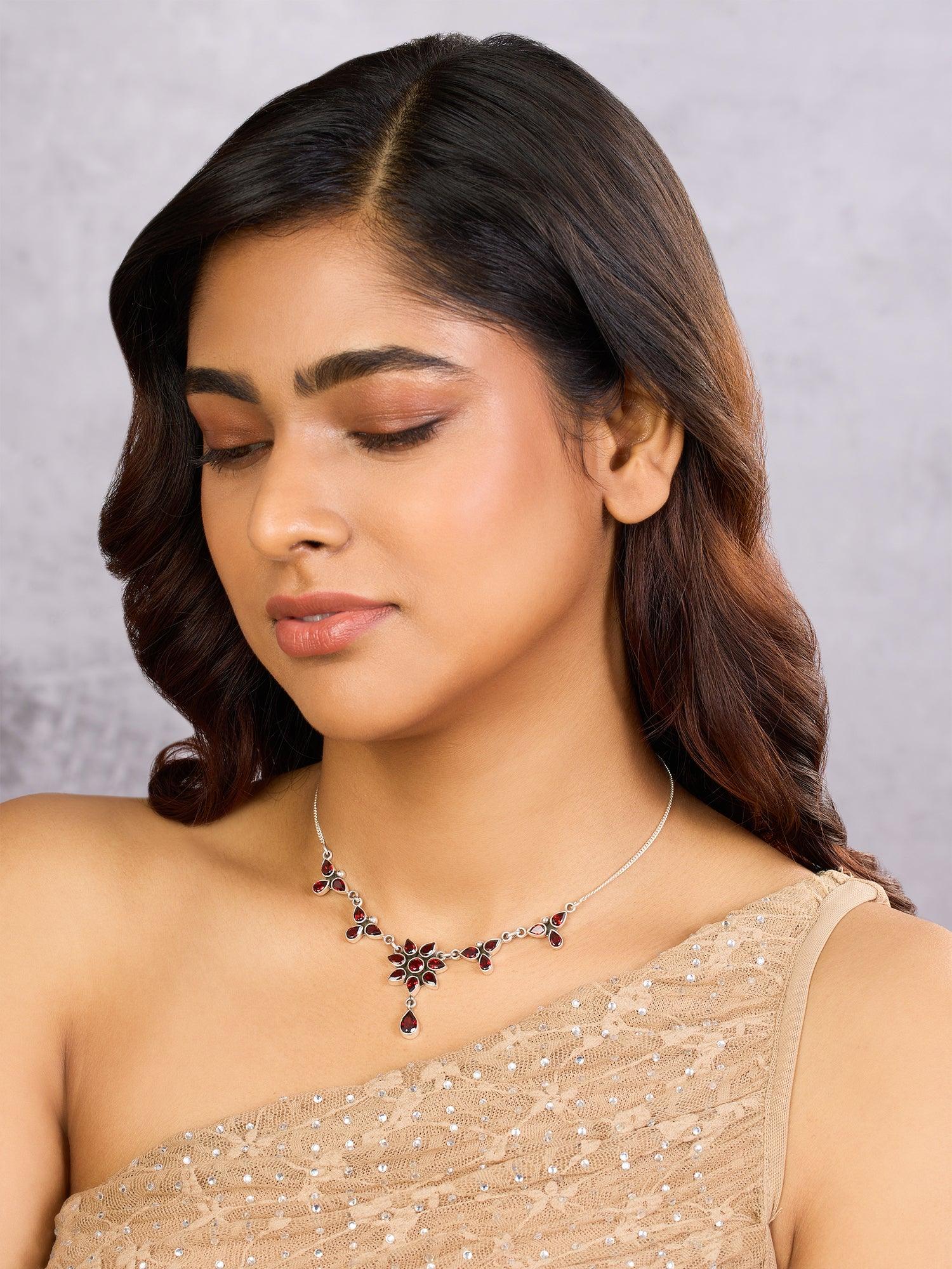 Floral Radiance Flowery Garnet Necklace - Dyulokha
