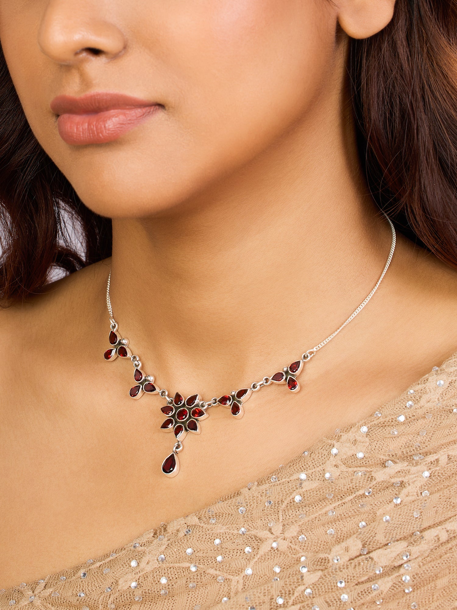 Floral Radiance Flowery Garnet Necklace