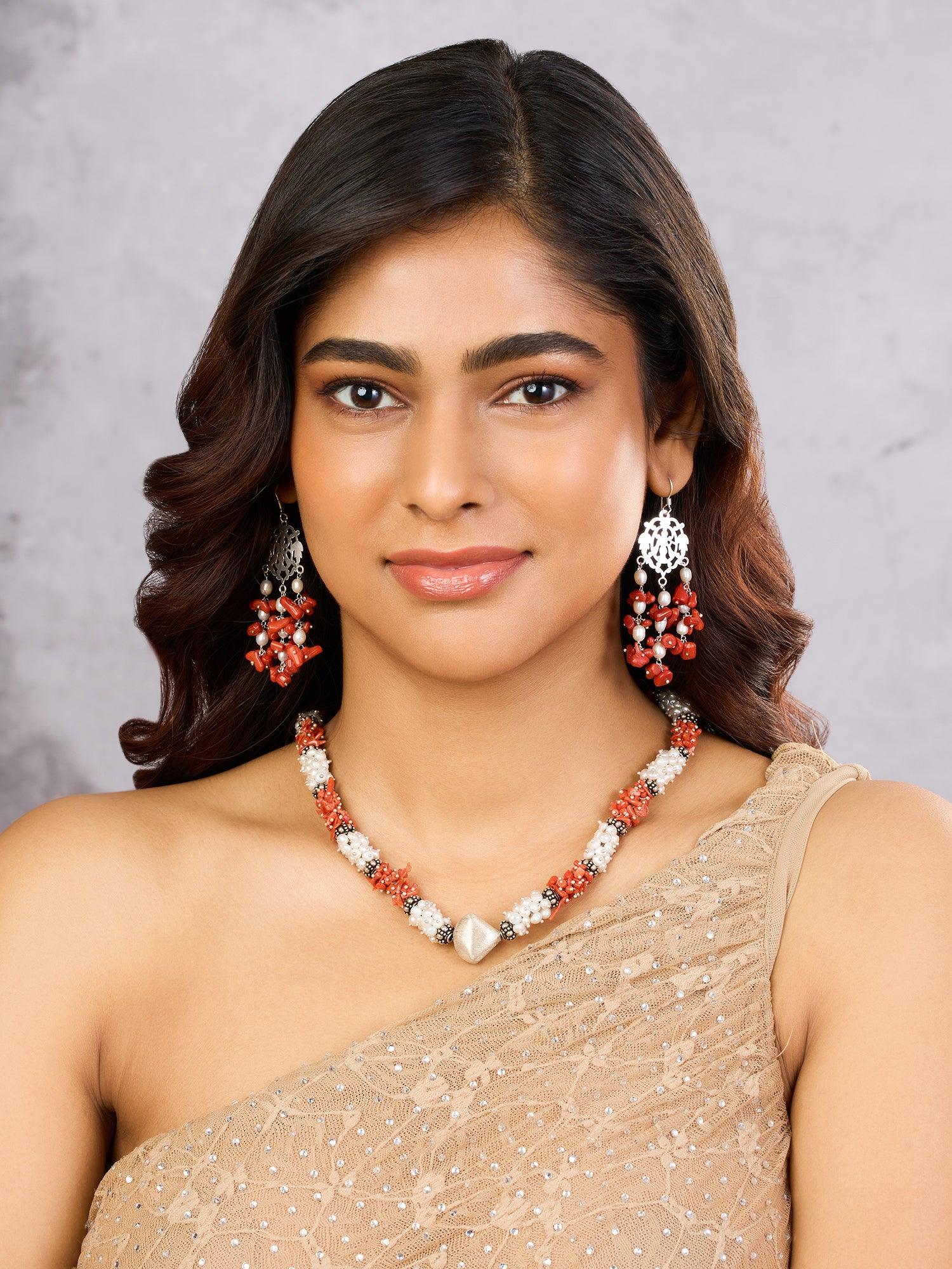 Natural Beauty Coral and Pearl Danglers - Dyulokha