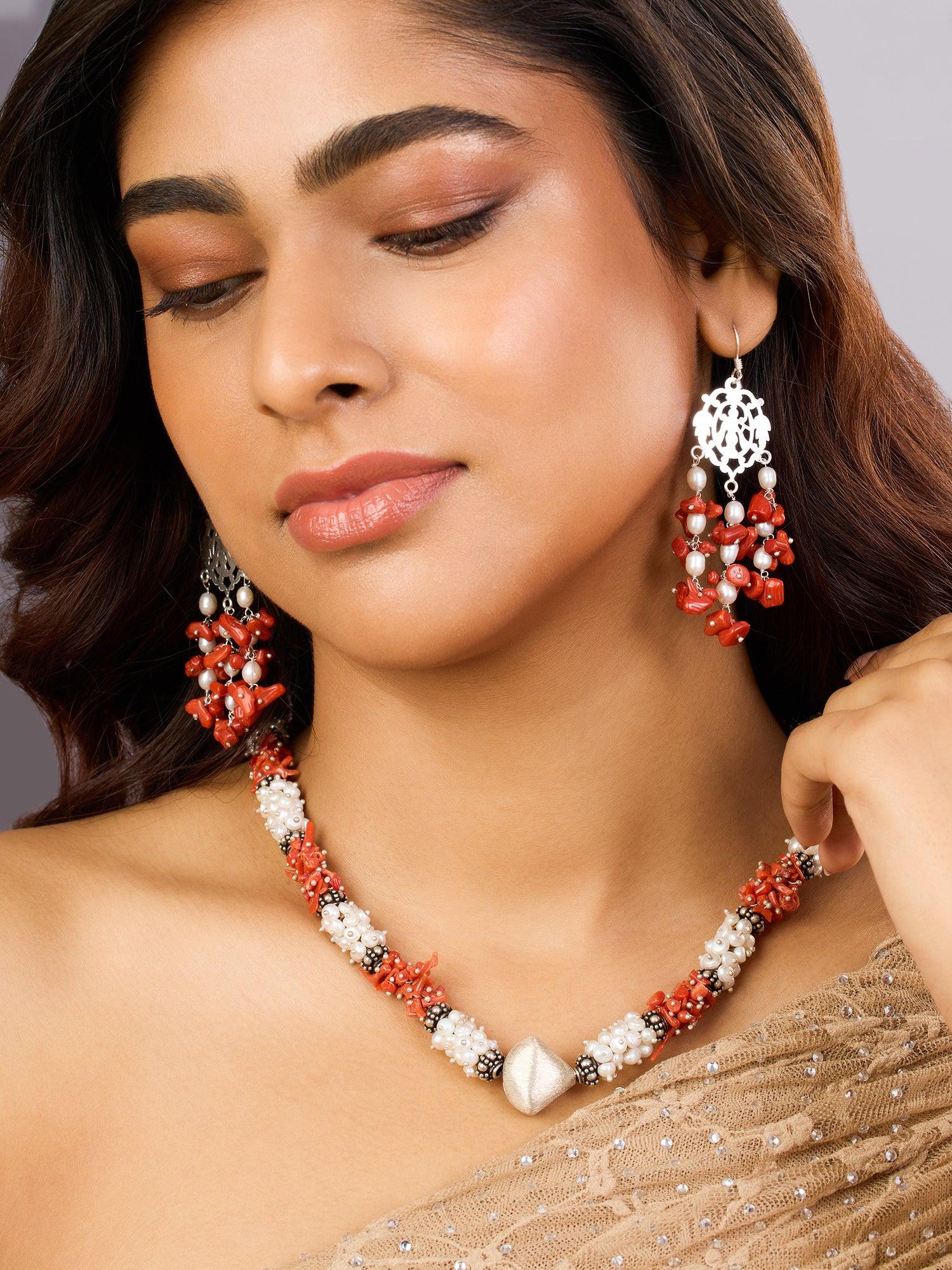 Natural Beauty Coral and Pearl Danglers - Dyulokha