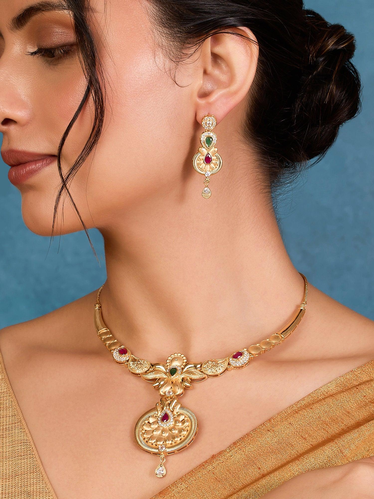 Shimmer Gold Ruby Emerald Necklace Set - Dyulokha