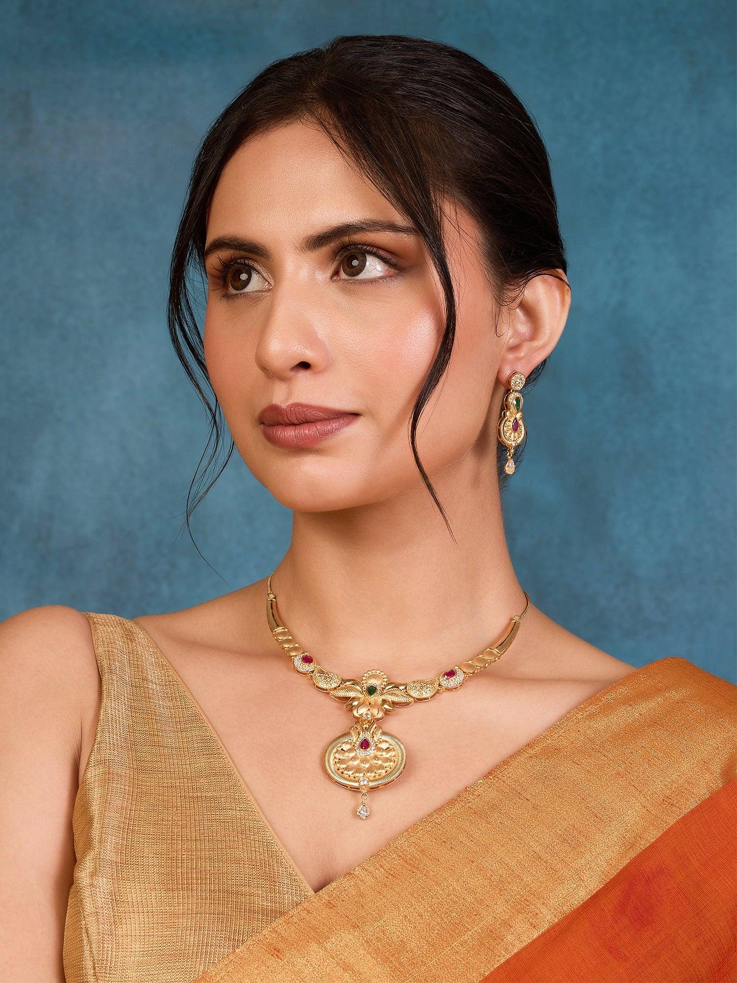 Shimmer Gold Ruby Emerald Necklace Set - Dyulokha