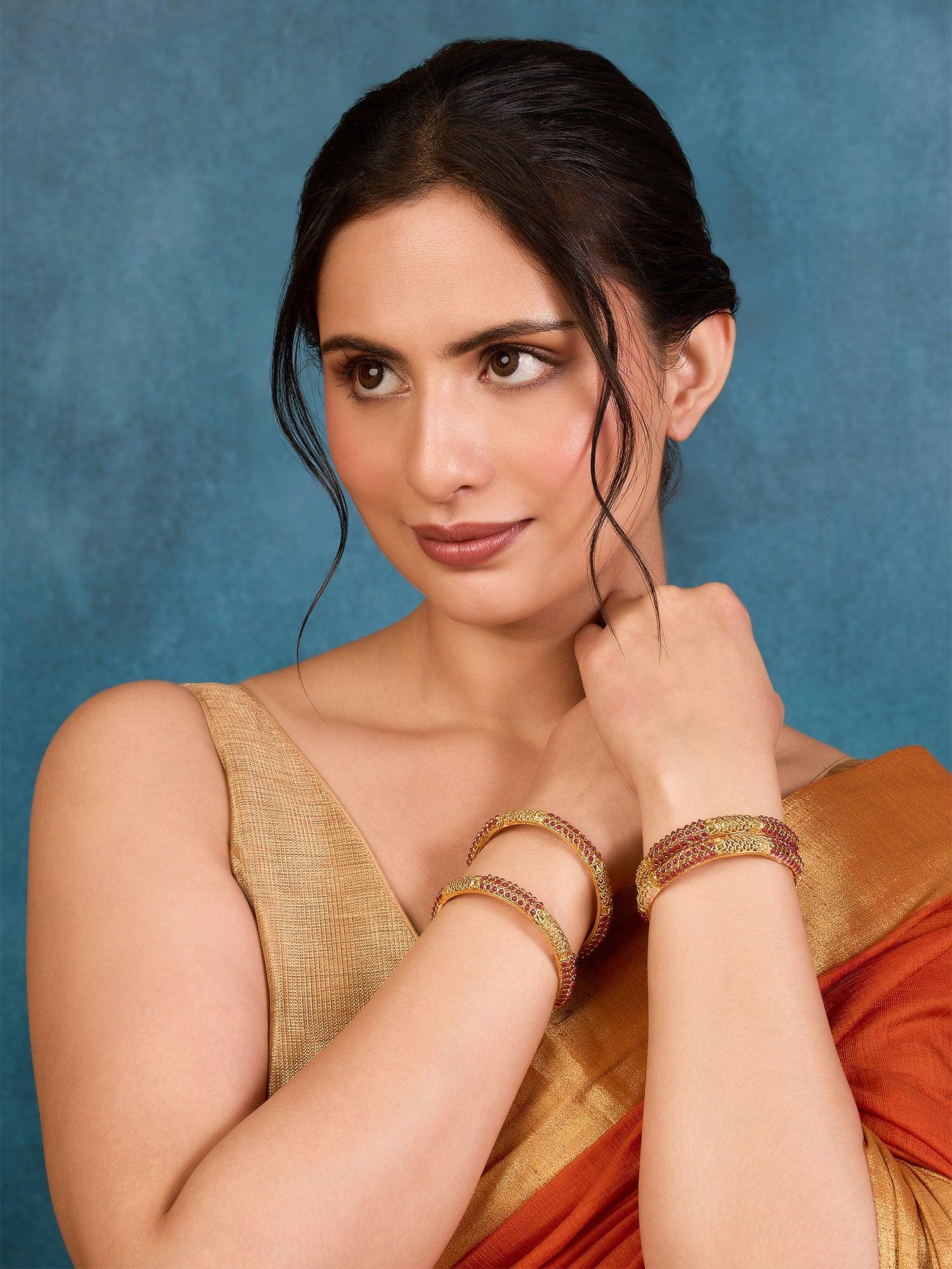 Golden Aura Ruby-Accented Bangles - Dyulokha