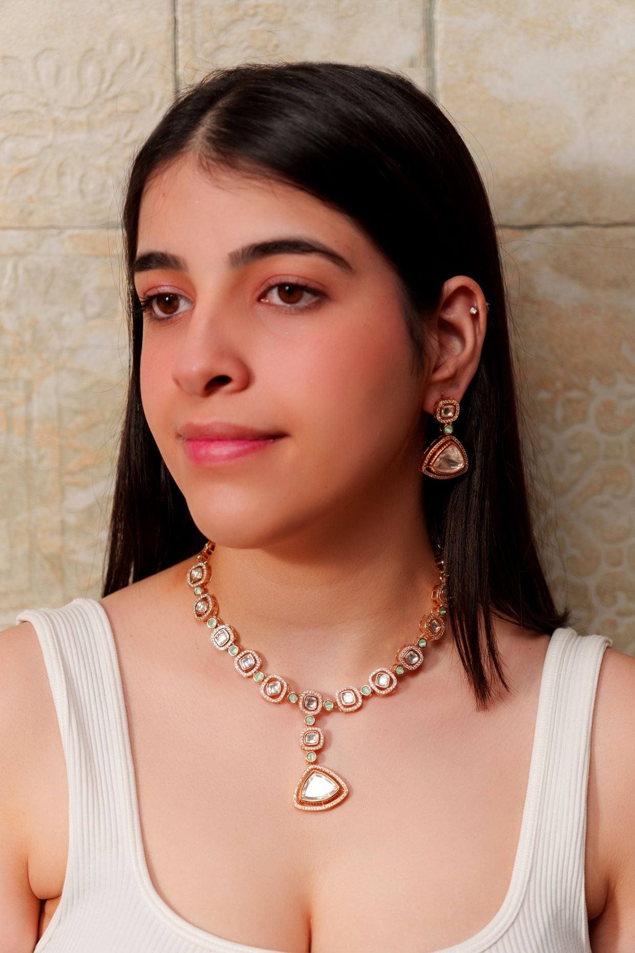 Elegant Rose Gold Kundan Necklace Set