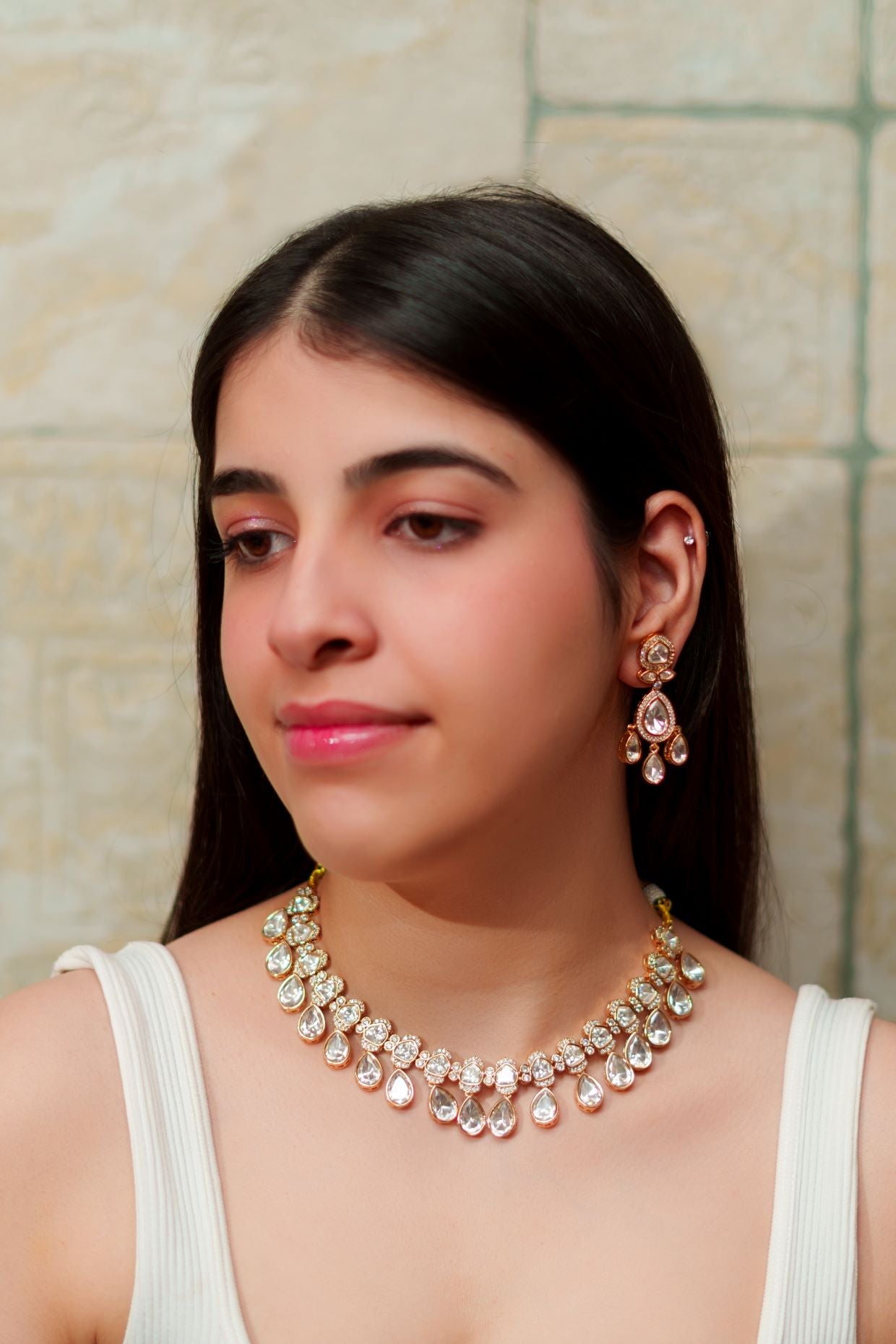 Elegant Double-Layer Gold Polki Necklace with Matching Earrings